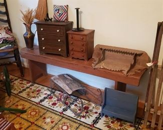 Filk art miniature chests, wall shelf, pillows, sleds