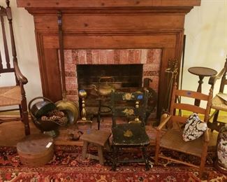 Coal scuttle, andirons, pedestal, stools, and boxes