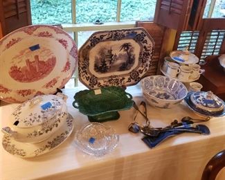 Transferware platters, English, of various ages; English tureen, cut glass; blue willow; silverplated serving pieces