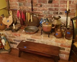 Copper tea kettles; candlestand, bench; chalkware figures