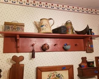 Painted shelf, candlebox, theorem, miniature baskets, boxes