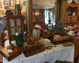 Toy pie safe, utensil tray, crocks. Brownware bowls, lantern, EAPG glass