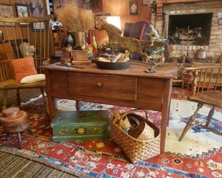 Low table with single drawer, baskets, folk art boxes, trotting horse weathervane, pair of windsor chairs