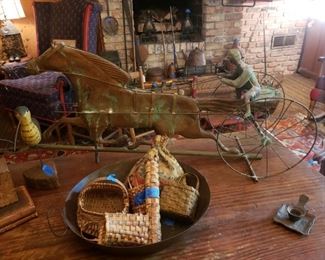 Miniature baskets, pewter, carved shore birds