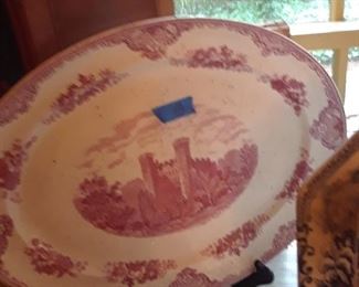 Red transferware platter, Castles