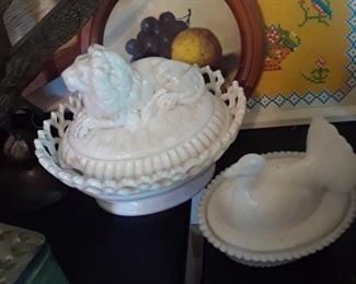 Animal covered dishes, milk glass