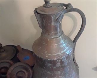 Copper flagon, wood tie backs