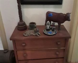 Three drawer doll chest, cast iron dog, wood candledtick