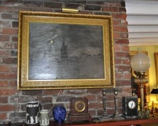 Early 20th Century Original oil painting - 19th Century Wedgewood - Tiffany marble clock