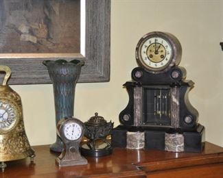 Art Glass vase, Antique Italian Bronze Bell clock,  19th Century bronze inkwell with marble base
