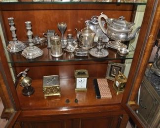 French Antique repeater carriage clocks, Italian table clock, misc silver items