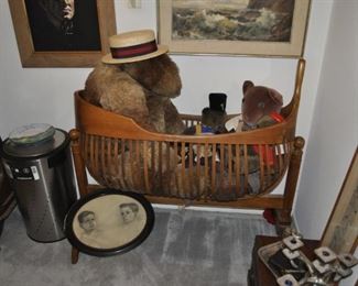 19th Century slotted cradle with Vintage Fabulous bears