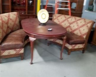 Drexel 6' cherry oval table with 2 additional leafs Was $395 Now $200   Walter E Smithe custom benches Were $1000 pair now $600