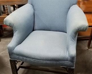 Blue fabric Wingback chair with Asian style carved legs 2 available Was $150 each Now $75 each $135 for 2