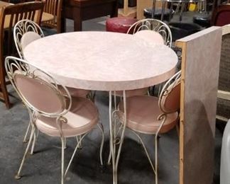 New Arrival MCM Pink kitchen table with 4 white wrought iron bistro chairs with pink vinyl cushions