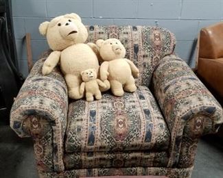 PemKay over stuffed arm chair Was $150 Now $75  (3) Assorted Teds (the movie) Large talks $80 for all 3