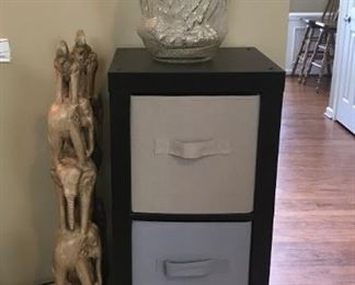 3 Tiered Cubby, 5 Gal Owl Jar, Stack of Hand Carved Elephants