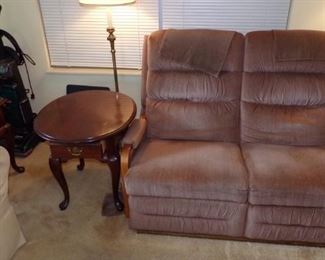 double Recliner, end Table, Hoover Wind Tunnel Vacuum, Floor Lamp