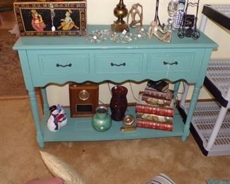 green Cabinet/Shelf, Vases, large black Oriental Box, Books on bottom are Boxes, misc