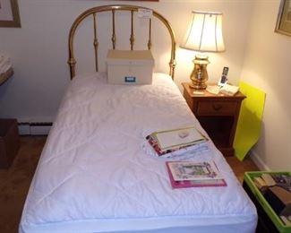 twin Simmons Beauty Rest Mattress and Box Springs, mattress Pad, Brass Headboard, Night Stand, lamp
