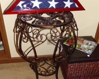 Metal occasional Table, American Flag in Box, the other Wicker storage Foot Stool