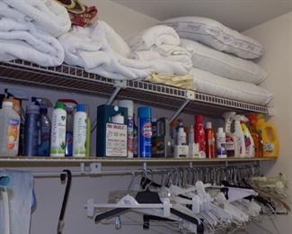 Blankets, Pillows, Cleaning supplies, Hangers