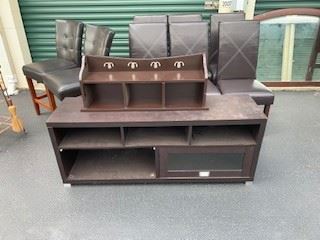 Leather bar height and dining table height chairs, IKEA storage and wall rack