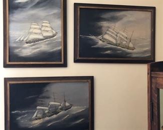 Lot of 3 original oil paints or the Star of India by Capt. Josiah Grundy.  Author of Square Riggers Before The Wind , Master Mariner & Model Maker.  Oils on Board approx. 27" x 16".  Artist Framed.  $5000.00