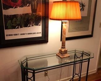 iron consold table and marble lamp