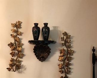 chinoserie brass scones, wall shelf, and cloisonné vases