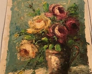 antique hand painted acrylic cabbage roses. 1 0f 2 pieces