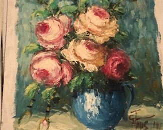 matching original and signed acrylic of cabbage roses. Painted in Acrylic