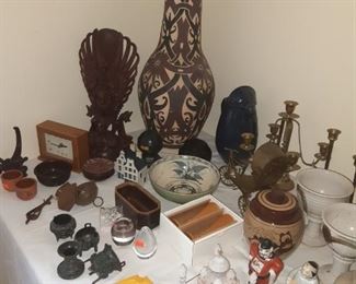 Art pottery, marble bookends, humpback whale statue, art glass, decorative gourds, school stuff