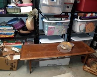 MCM Lane coffee table, old games, baskets, cookware