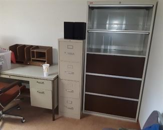 Metal desk, filing cabinets and lateral file