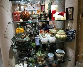 Lamps, candles, candle holders, urns & glass display shelving
