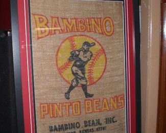 Bambino(Babe Ruth) pinto beans burlap bag framed