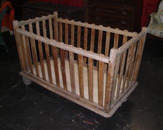 picketed wood textile cart with wheels c.1900