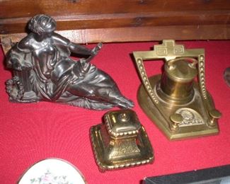 spelter clock figure, inkwells