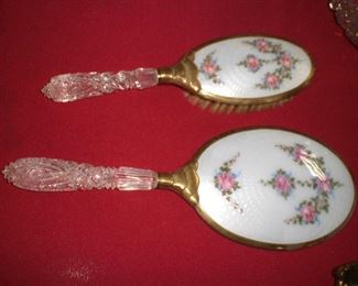 enameled sopper mirror set with cut glass handles