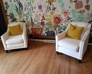Cream Colored Upholstered Chairs with Glass and Gold Tone Metal Console Table