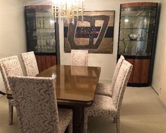 Dining Table with 6 Parsons Chairs, Pair of Curio/China Cabinets, and large Acrylic framed picture 