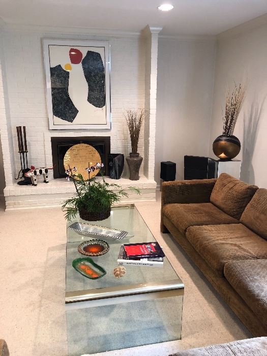Sectional, glass and brass coffee table, MOD ceramics, framed prints and more