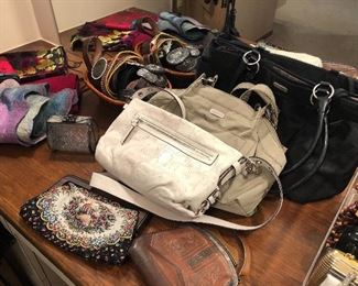 Purses, leather belts and scarves:  silk and wool