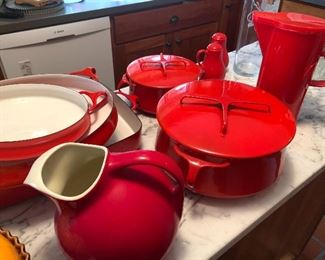 Dansk Red enamel pots and pans and ceramic pitchers and salt and pepper shakers