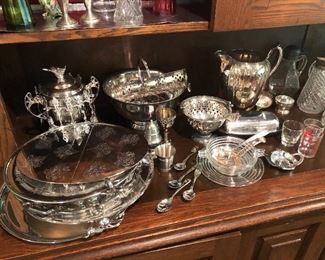 Silver-plate - several items:  platters, trays, pitchers, spoons and more