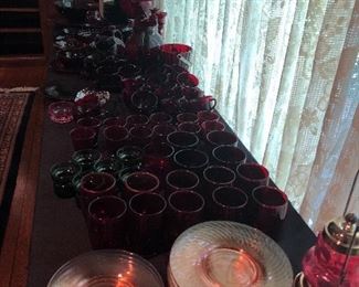 Red Glassware, and rose plates