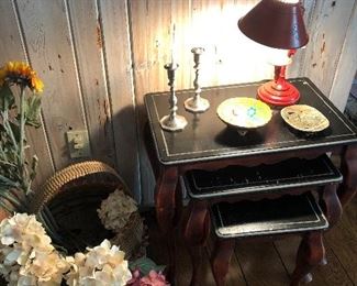 nesting tables and Dansk pewter candle holders, vintage lamp and more