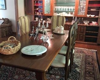 Harvest Table with set of 4 tall side chairs and large 9x12 area wool rug