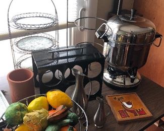 Coffee pot, wine rack, tiered trays, clay wine cooler and more